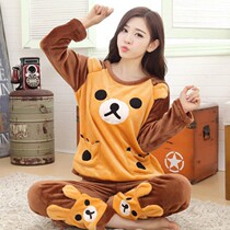 Pajamas women autumn and winter thick flannel student round neck printed long trousers coral velvet cartoon home suit