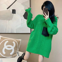 Green medium long knitted sweater women autumn and winter 2021 New loose pocket design sense niche pullover top