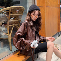  Leather leather clothes womens 2021 autumn and winter new Korean loose stand-up collar Hong Kong style sheepskin jacket motorcycle clothes short jacket