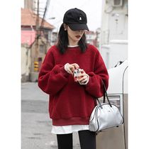 Red Lamb hair fake two pieces of sweatshirt women plus velvet thickened autumn and winter 2021 New loose fried Street high-level sense top