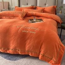 Love horse orange winter double-sided coral velvet four-piece thick warm milk velvet bed quilt cover sheets light luxury simple simple