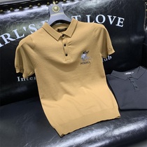 Summer embroidered cow ice silk short sleeve T-shirt male fashion Body Trend Knit and Half Amputee Slim POLO Shirt