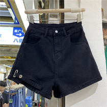 Net red ins high waist black denim shorts womens 2021 summer new wild hole design sense A-line wide leg hot pants