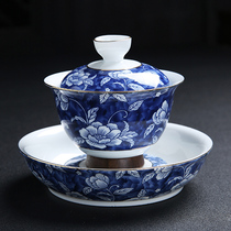 Blue and white porcelain cover bowl pot bearing high white porcelain tea cup ceramic Kung Fu Tea Bowl set