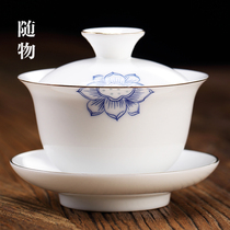 Thin-walled white porcelain cover bowl Teacup Jingdezhen tea making Kung Fu tea bowl Tea set Non-hot single Sansai ceramic with lid