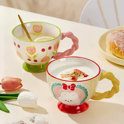 Симпатичная девчачья чашка для завтрака с красивым внешним видом, керамическая чашка с ручной росписью, бытовая кружка для овсянки большой емкости, которую можно использовать в микроволновой печи