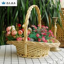Hand-woven basket rattan thickened opening home retro dance track flower basket with flower blue hollow portable home