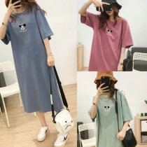 Pregnant women Summer cotton short sleeve T-shirt long skirt loose casual simple medium length dress 2021 New Knee