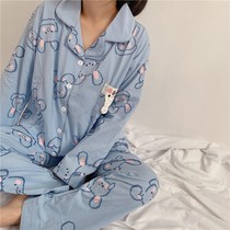 Korean pajamas female Spring and Autumn New loose ins cardigan cute girl blue student long sleeve home suit suit