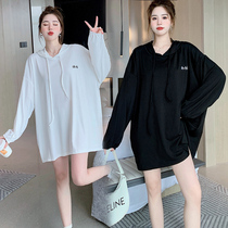 Oversized gestational woman dress in spring dress Long sleeves T-shirt Korean version loose in long style Lazy Craze Mother even hat guard 200 catty