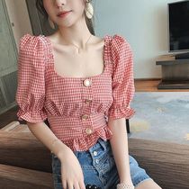 Square collar fine plaid shirt womens short summer 2021 new design sense niche exposed clavicle waist chiffon