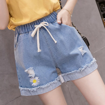 Net red little daisy denim shorts womens summer high waist loose large size thin fashion casual elastic waist wide leg pants