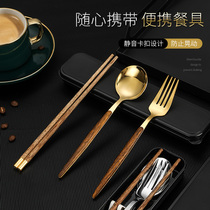 Portable tableware wooden chopsticks spoon set student office worker storage box spoon Fork three-piece single set