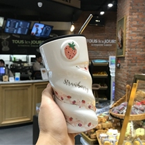 Creative strawberry large capacity suction tube Cup ceramic hand Cup female personality coffee cup childrens office cute water Cup
