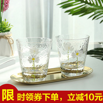 Japanese hand-painted hundred flowers hammer eye pattern glass mouthwash cup small fresh daisy wash cup lovers toothbrush cup