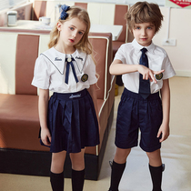 Primary school uniform Spring and summer suit College style short-sleeved shirt Childrens class suit Two-piece set British style Kindergarten suit