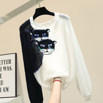 Hong Kong Tide 2021 new fashion embroidery cartoon knitwear pullover sweater women Net red lazy top