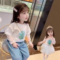 Girl lace long sleeves splice T - shirt childrens cotton tops 2022 new spring - tide spring - dress blouse