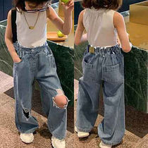 Childrens fashion ripped jeans Girls pants Western style high waist wide leg pants Korean edition loose pants 2021 new