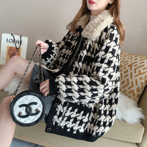 Tide brand 2021 autumn new womens thousand bird grid stitching long knitted cardigan lazy wind Lamb hair coat