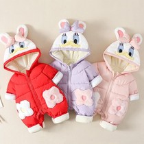 Baby winter jumpsuit cotton-padded clothes for men and women babies and cotton clothes newborn thickened in winter hooded and climbed