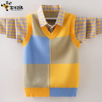 Boys sweater pullover pure cotton autumn childrens knitwear color matching middle and large childrens spring and autumn shirt collar fake two Western style