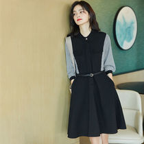  Stand-up collar shirt dress womens early autumn 2021 new Diouf waist stitching Hepburn style small black skirt