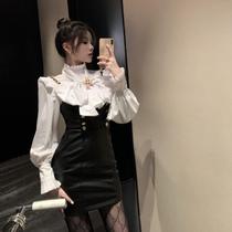 2021 Spring and Autumn New Lady Style Fashion Set Slim Backband Leather Skirt base shirt Two Piece Womens