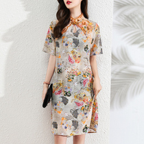 Floral waist silk short-sleeved dress womens 2021 summer new design sense in the long mulberry silk skirt