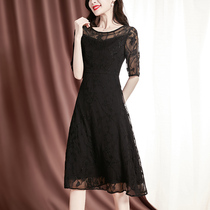Black silk dress womens summer 2021 new long Hangzhou high-end thin lace mulberry silk short-sleeved skirt