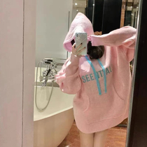 Design sense pink hooded long sleeve sweater women autumn and winter New Tide brand loose thin sweet cool pullover sweater coat