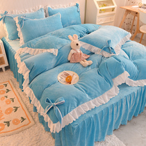 Winter thickened milk velvet bed four-piece double-sided bed skirt coral velvet quilt cover Baby linens three-piece set
