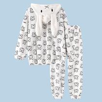 Flannel pajamas female winter thickened plus velvet warm hooded rabbit cartoon cute student coral velvet home clothing