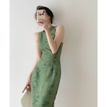Flower of Ling Flower Samples Year Hua Into Painting Jiangnan Green Printed Open Fork Lace Republic Improved Dance Elastic Qipao