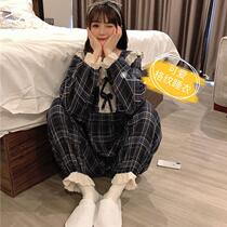 Pajama suit autumn womens new sweet lace plaid long-sleeved pajamas can be worn outside the dormitory home clothes two-piece set