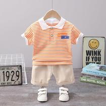 Boys summer clothes 2021 new childrens summer striped suit small and medium-sized boys baby short-sleeved polo shirt two-piece set