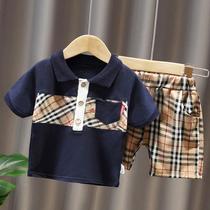 Childrens plaid short-sleeved suit summer 2021 childrens clothing new baby lapel polo shirt boys t-shirt thin T-tide