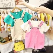 1-6 years old female baby Western style suit Childrens clothing Mens and womens summer clothes Korean version bib pants T-shirt Children loose two-piece set