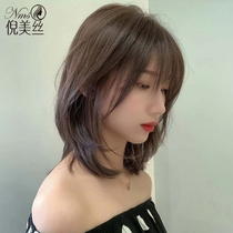  Wig female summer short hair net red natural full head cover clavicle hair round face air bangs medium long hair wig cover