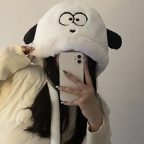 Cute cartoon puppy plush hat girl autumn and winter cycling warm ear hat with black and white lei feng cap strap