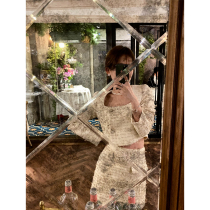 QINNLAB Du home Fragrant Princess three-dimensional woven small fragrant Plaid set square collar long sleeve top skirt
