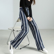Straight jeans womens spring and autumn high waist abdomen hidden meat thin long pants European and American style blue and white stripes personality wide-leg pants