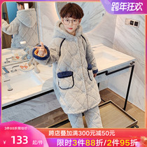 Childrens pajamas winter thickened children plus velvet boy coral velvet three-layer cotton autumn and winter flannel