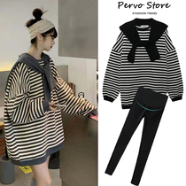 Pregnant Woman Autumn Clothing Suit Fashion style Spring and autumn new Long sleeves Jacket Loose Striped Sweatshirt Fall two sets slim fit