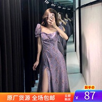 Purple floral dress 2020 Summer new Moren series thin size vintage niche split square collar French dress
