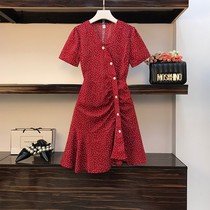  High-end plus size womens summer western style thin belly fishtail skirt fat sister polka dot drawstring pleated dress