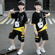 Children boy short sleeve suit Summer 2022 new summer clothes boy handsome boy handsome and large boy wave foreign air sports two sets