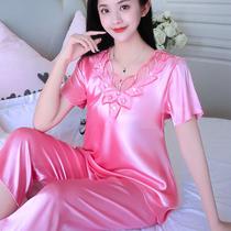 Cool pajamas womens summer suit new fashion summer ice silk short-sleeved can be worn outside large size home clothes