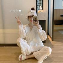 Pajamas womens summer and autumn 2021 new Korean version of loose and comfortable court style V-neck pure cotton home service suit send hairband