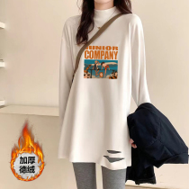 Pregnant women's semi-high collar coat women wear loose medium and long padded sanding hole long sleeve T-shirt base shirt in autumn and winter